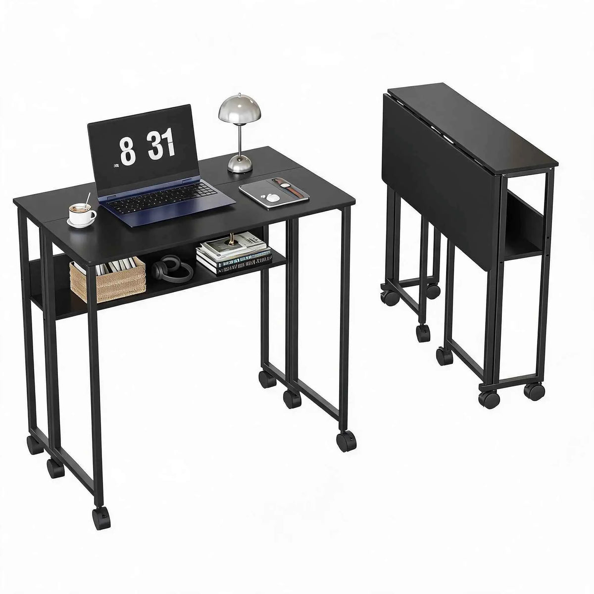 Folding Desk with Storage Shelf on Wheels. Space Saving Computer Desk, Easy Assembly, for Home, Office, & Small Space