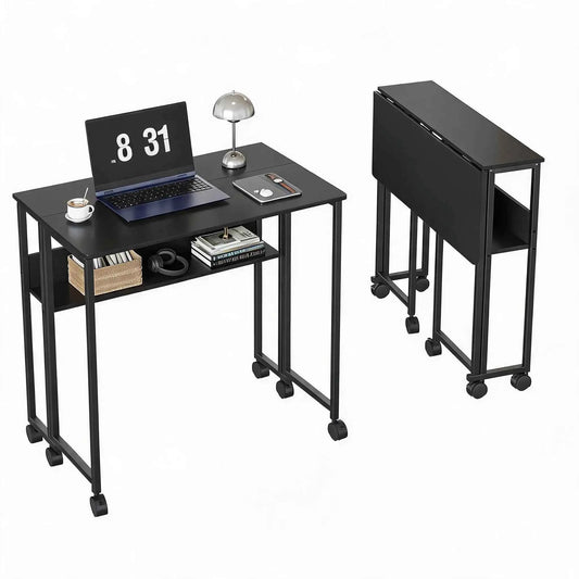 Folding Desk with Storage Shelf on Wheels. Space Saving Computer Desk, Easy Assembly, for Home, Office, & Small Space
