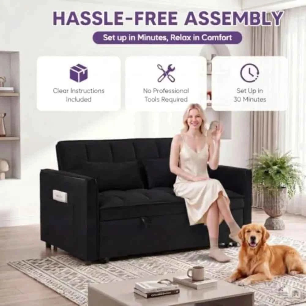 3 in 1 Convertible Sleeper Sofa Bed, 54'' Full Size Velvet Pull Out Futon Couch. With Reclining Backrest & 2 Pillows