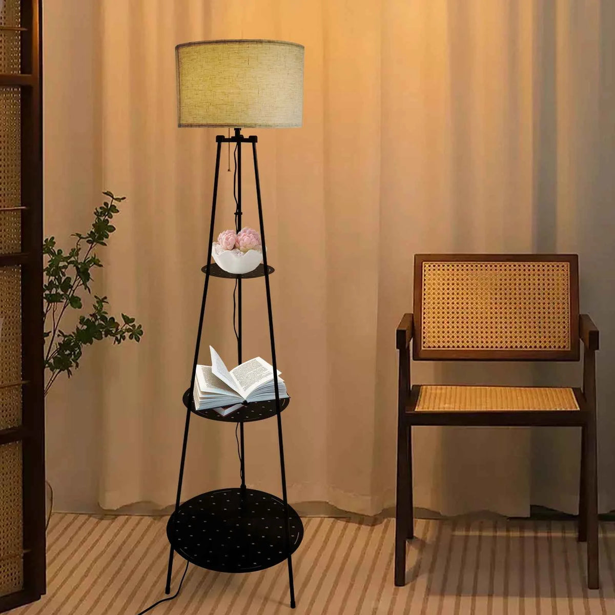 Floor Lamp with 3-Tier Storage Shelves with 3-Color Dimmable E26 Bulb, 120° Wide Illumination 11 lbs per Shelf , Black/Beige
