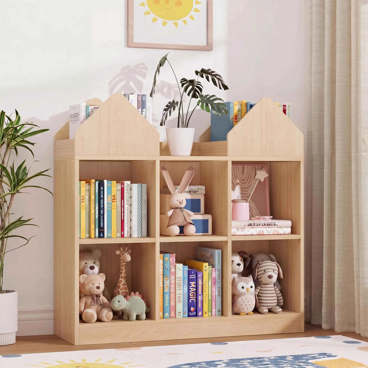 Kids Bookshelf And Toy Storage Organizer With 4 Book Racks, 6 Open Cubbies, Castle Design.