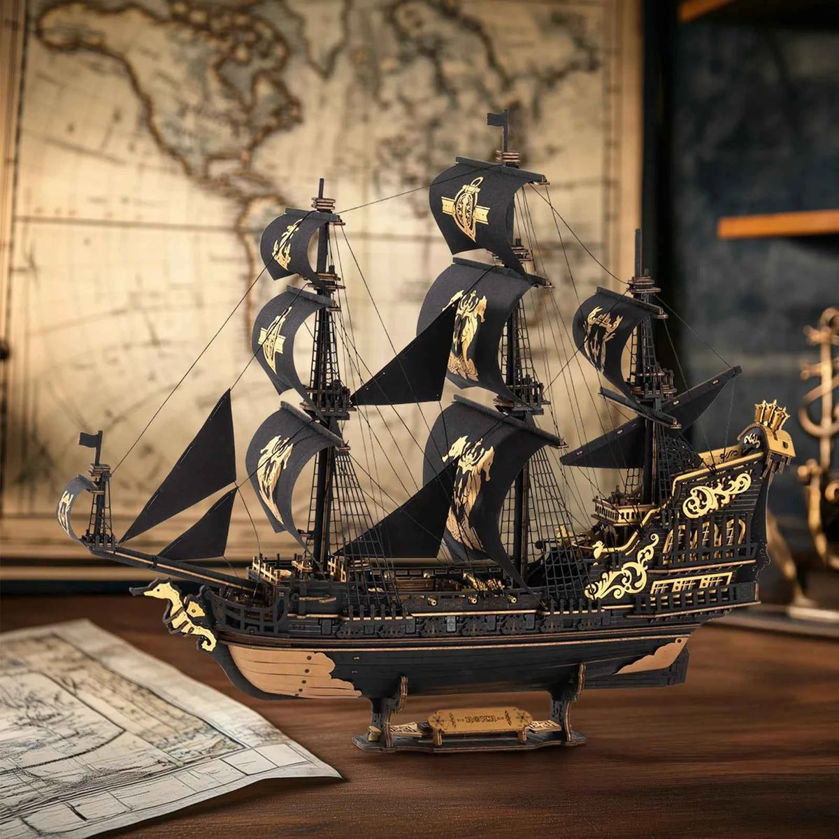 ROKR Seahorse Barque Wooden 3D Puzzle. 1:100 Scale DIY Sailboat Model Building Kit. 603 Pieces Brain Teasers Jigsaw Toy for Adults,  Boys