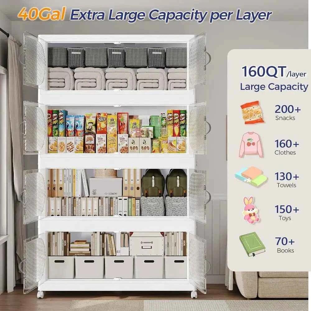 Extra Large Stackable Storage Bins with Lid, Wheels, and Collapsible Closet Organizers, 4-Pack White