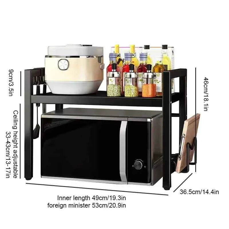 Height Adjustable Microwave Stand, Heavy Duty 2-Tier Kitchen Storage Rack with Hooks, Space Saving Countertop Organizer .