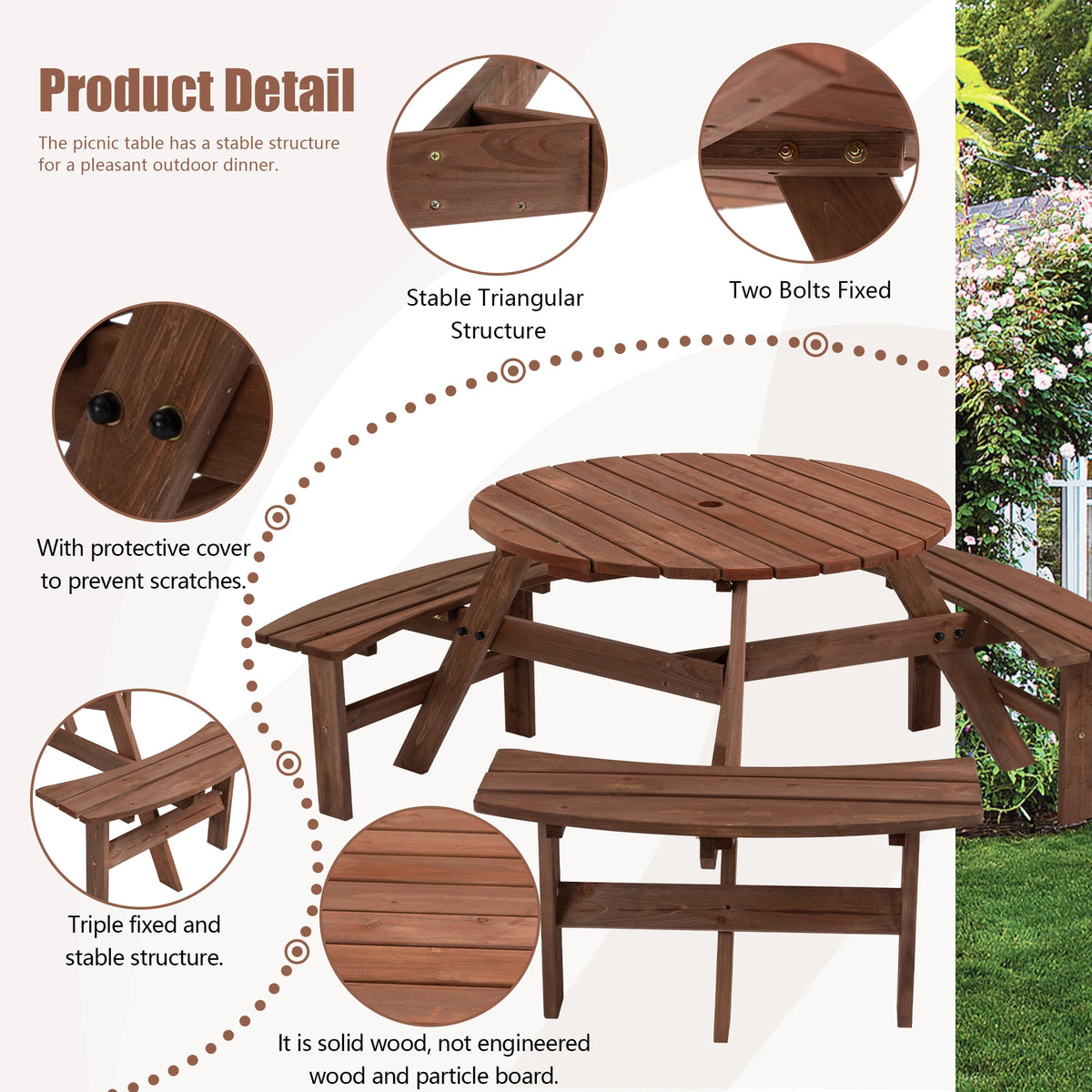 Solid Wood Round Outdoor Picnic Table with 3 Curved Benches, Weatherproof Wooden, Outdoor Patio Dining Furniture with Umbrella Hole. Weather Resistant Patio Dining Furniture Set for Garden, Backyard, or Deck