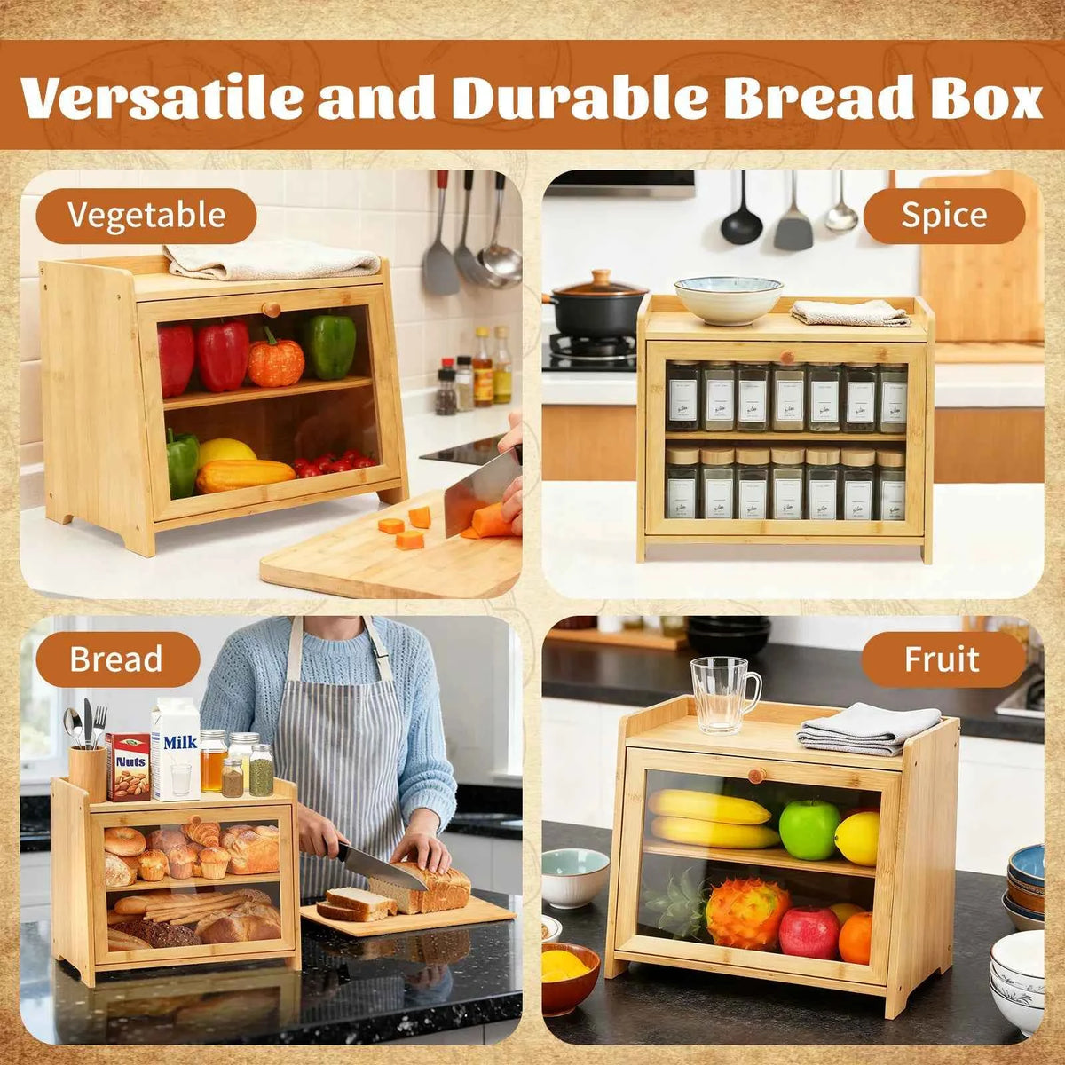 Bamboo Bread Box for Kitchen Countertop(Natural), Double Layer with Window,  Farmhouse Style Large Capacity Storage Container