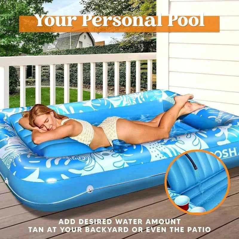 JOYFY 4 in 1 Suntan Tub Raft. Floatie Inflatable Tanning Pool  70" x 46" Pool Floats Adult with Pillow for Water