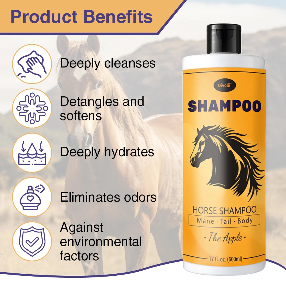 Horse Shampoo & Conditioner, 500ml, Apple Scented, Gentle Moisturizing for Mane & Tail Care. Deep Nourishing for Coat. Full Body Cleaning for Shiny Hair
