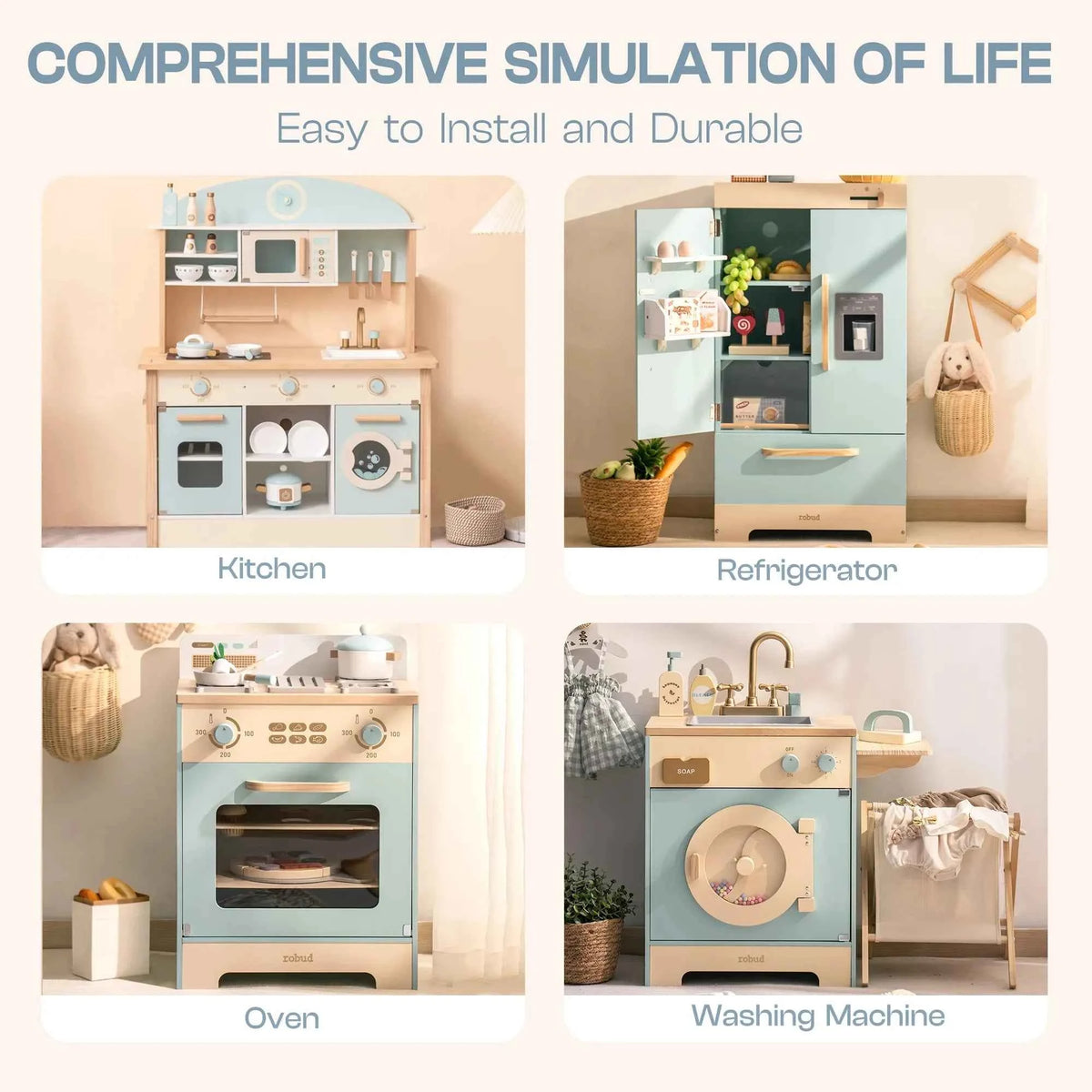 Robud Kids Wooden Play Kitchen. All in One Corner Set Includes Oven, Refrigerator, Washer. Perfect Gift for Little Chefs