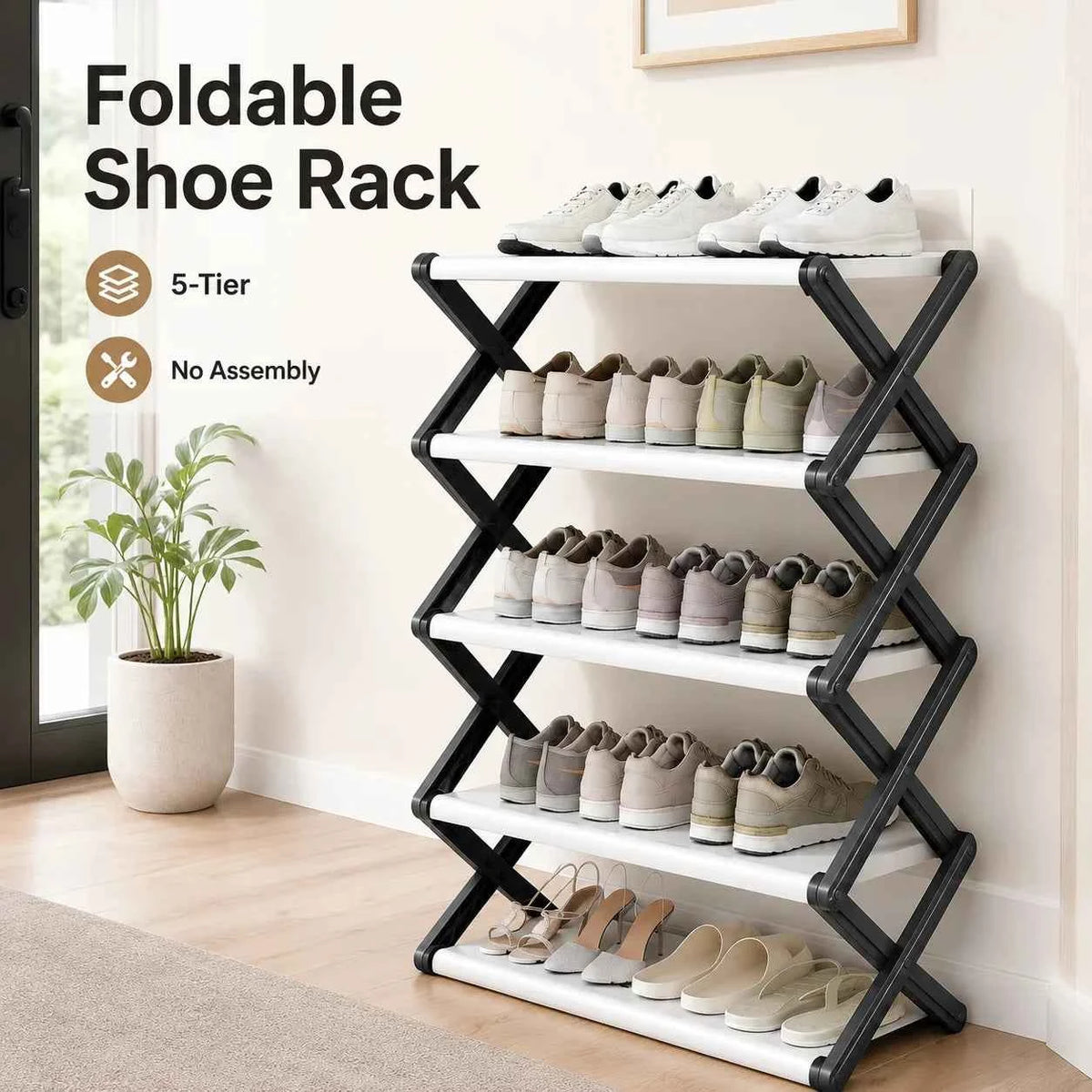 Foldable Shoe Rack, Space-Saving Entryway Shoe Organizer with Stable X-Frame, PP Shelves & Steel Tubes, No Assembly Needed