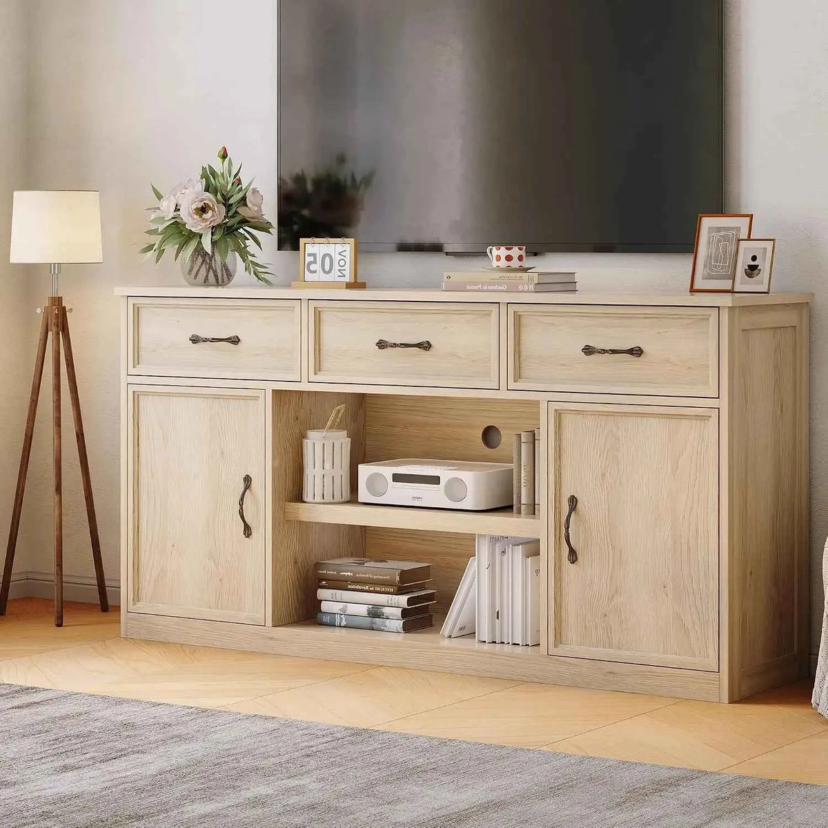 TV Stand For 65 Inch TV.  Farmhouse Television Cabinet With 3 Drawers,  2 Doors with Adjustable Shelves. Storage And Open Shelves. Wooden TV Console Media Cabinet