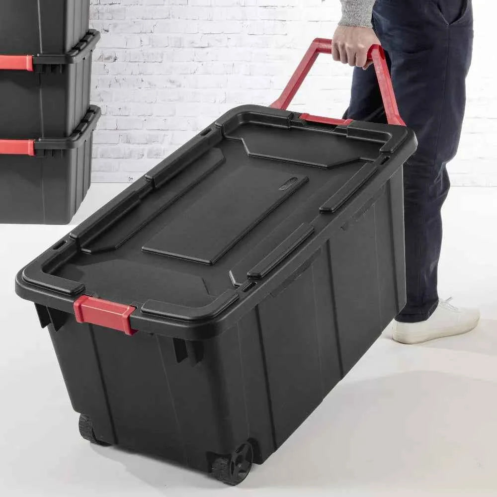 Sterilite Extra Large Storage Bin, 40 Gallon Wheeled Plastic Storage Container with Handle, Black, Pack of 2, Industrial