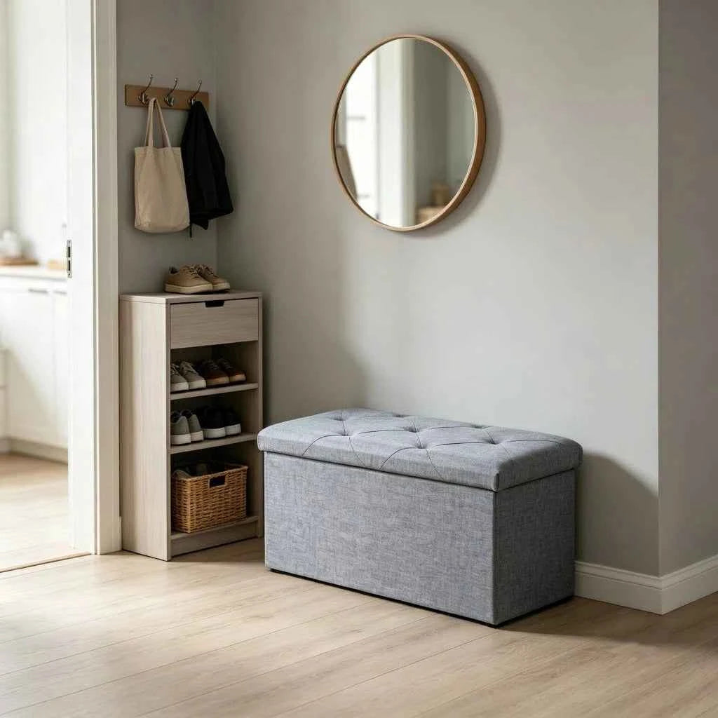 Folding Storage Ottoman Bench and Cube, Gray Tufted Fabric. Storage Chest Footrest Seat with 400 lb Capacity for Bedroom Entryway Living Room, Multiple Sizes
