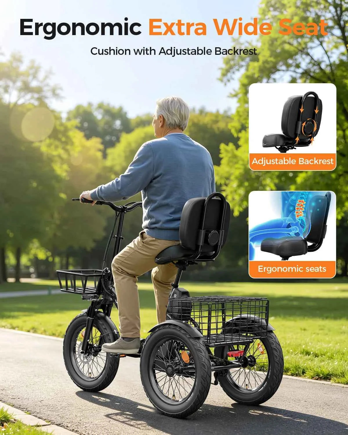 Spacewalk 1200W Peak Electric Trike for Adults, 48V, 15Ah Battery, 3 Wheel Electric Bike with 60 Miles Range, 18×3.0 Fat Tires, Dual Disc Brakes, Rear Cargo Basket, Adjustable Comfort Seat, Folding E Tricycle for Seniors-Bla