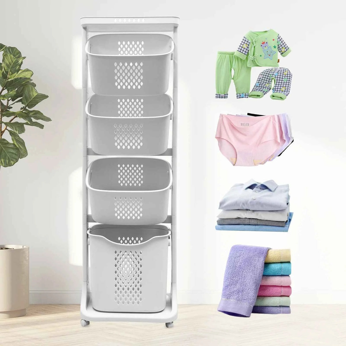 2/4 Tier Laundry Basket Cart. Removable Storage Buckets. Plastic Hamper with 4 Wheels. White