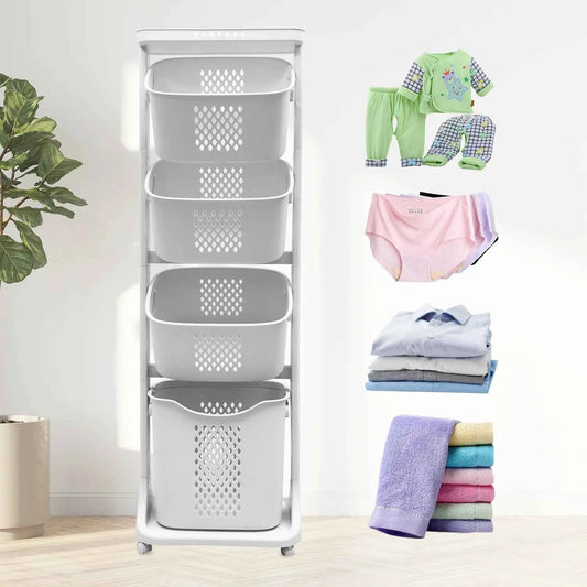 2/4 Tier Laundry Basket Cart. Removable Storage Buckets. Plastic Hamper with 4 Wheels. White