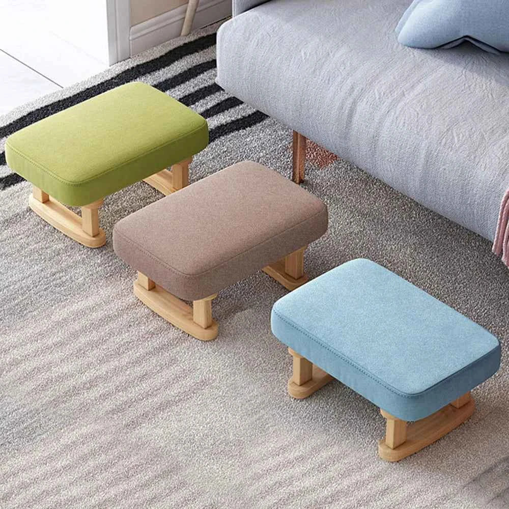 Solid Wood Rocking Footstool with Linen Upholstered Padded Ottoman. Portable.  Small Shoe Changing Bench. Low Foot Rest Stool.