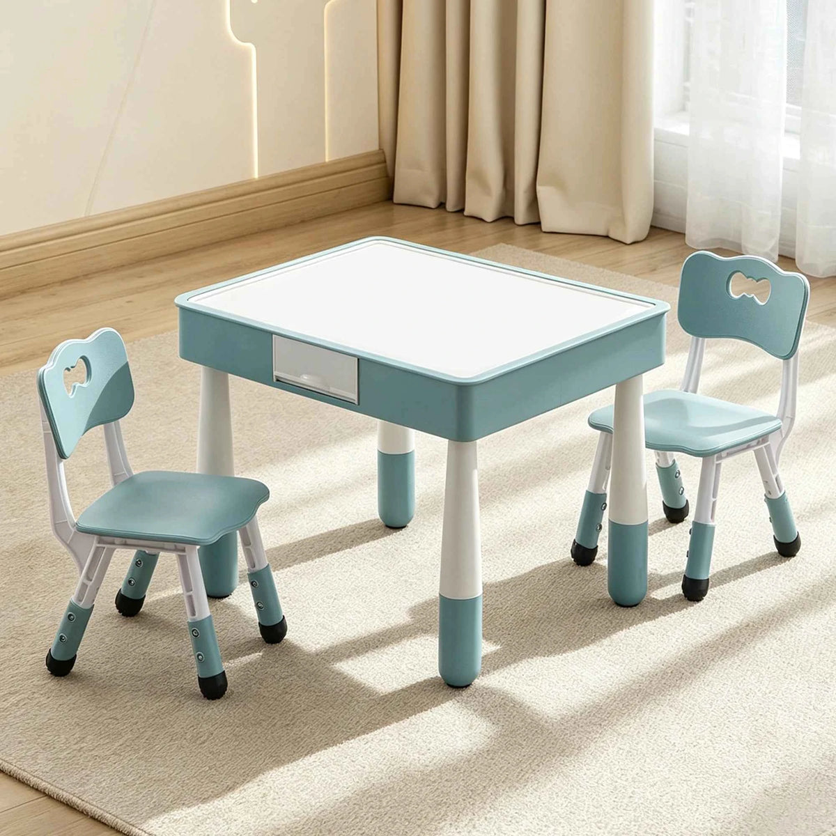 Kids 4 in 1 Table And 2 Chairs Set with Storage Toddler Desk And Chair Combo for Ages 3-10 Graffiti & Building Blocks Double-Sided. Grayish Blue