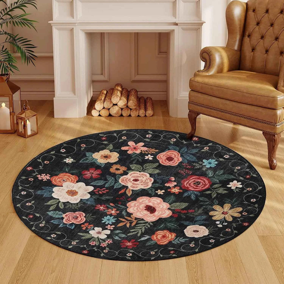 Round Floral Area Rug, Washable, Non Slip, Black, Small, & Round Carpet. For Living Room Bedroom Kitchen Entryway Home Decor