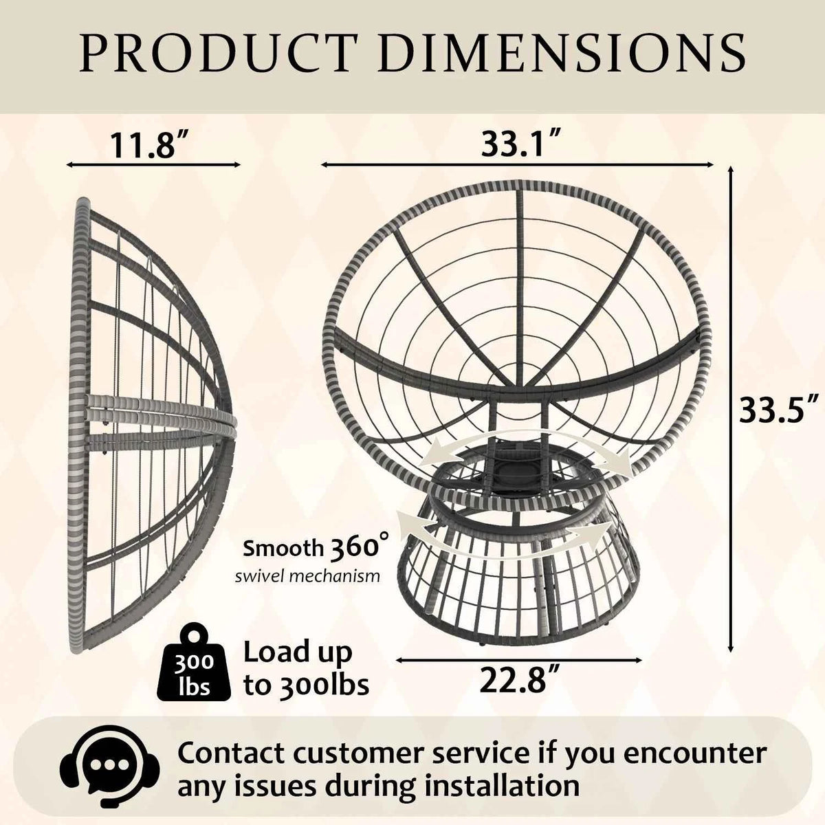 Swivel Papasan Outdoor Wicker Patio Lounge Chair with Thick Cushion, All-Weather Rattan Accent Chair for Backyard, Porch, Garden