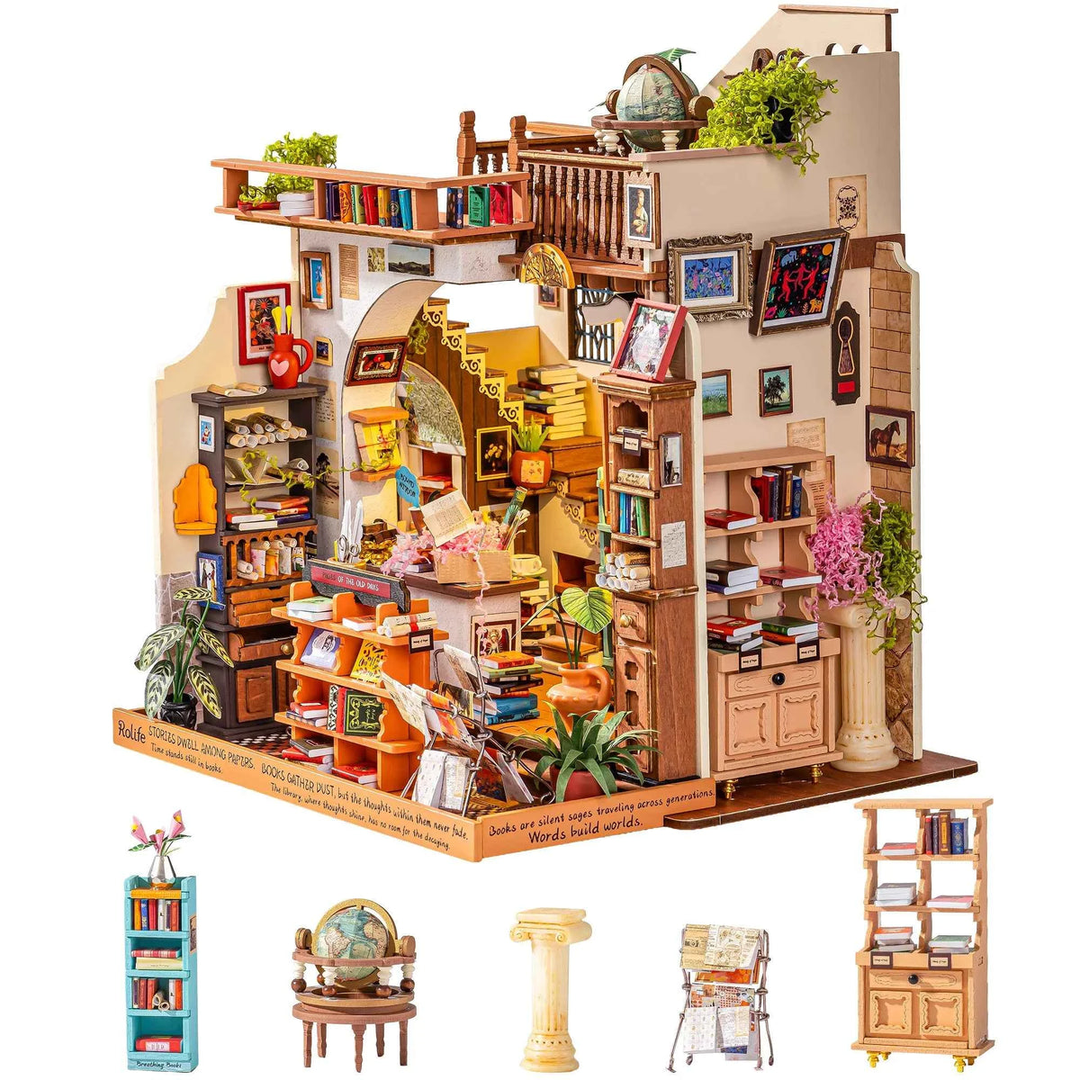 Rolife Wooden Dollhouse 3D Puzzle,  Page story Bookstore, DIY Miniature House Craft Kit Kit with LED Light for Bookshelf Decor. Brain Teasers, Jigsaw Toys, Holiday Gift for Book Lovers