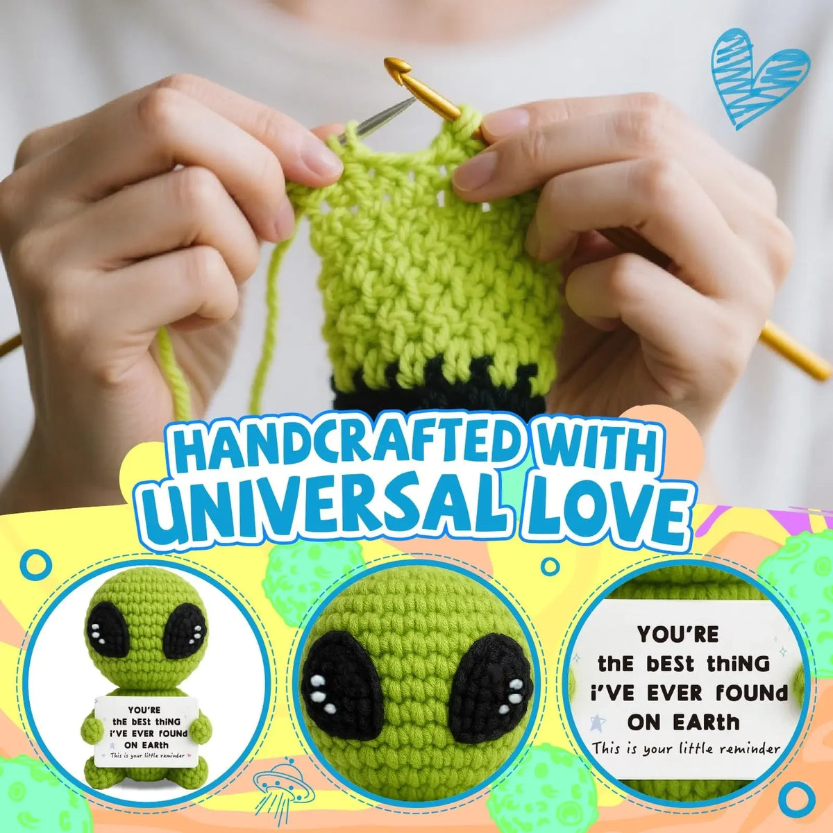 1pc A Fun And Inspiring Crocheted Alien Gift, A Delicately Crafted And Uniquely Cute Toy Doll, Complete with A Positive Card. A Novel Anniversary, Valentine's Day, or Birthday Gift, And A Special Decorative Present, Amigurumi