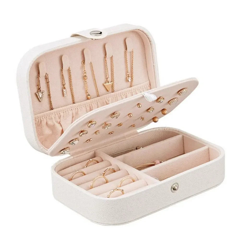 PU Leather Travel Jewelry Box. Portable Small Storage Organizer for Earrings, Rings, Necklaces. Case for Daily Home Use. Secure Zipper Closure. Elegant Minimalist Design Compact Travel Accessory