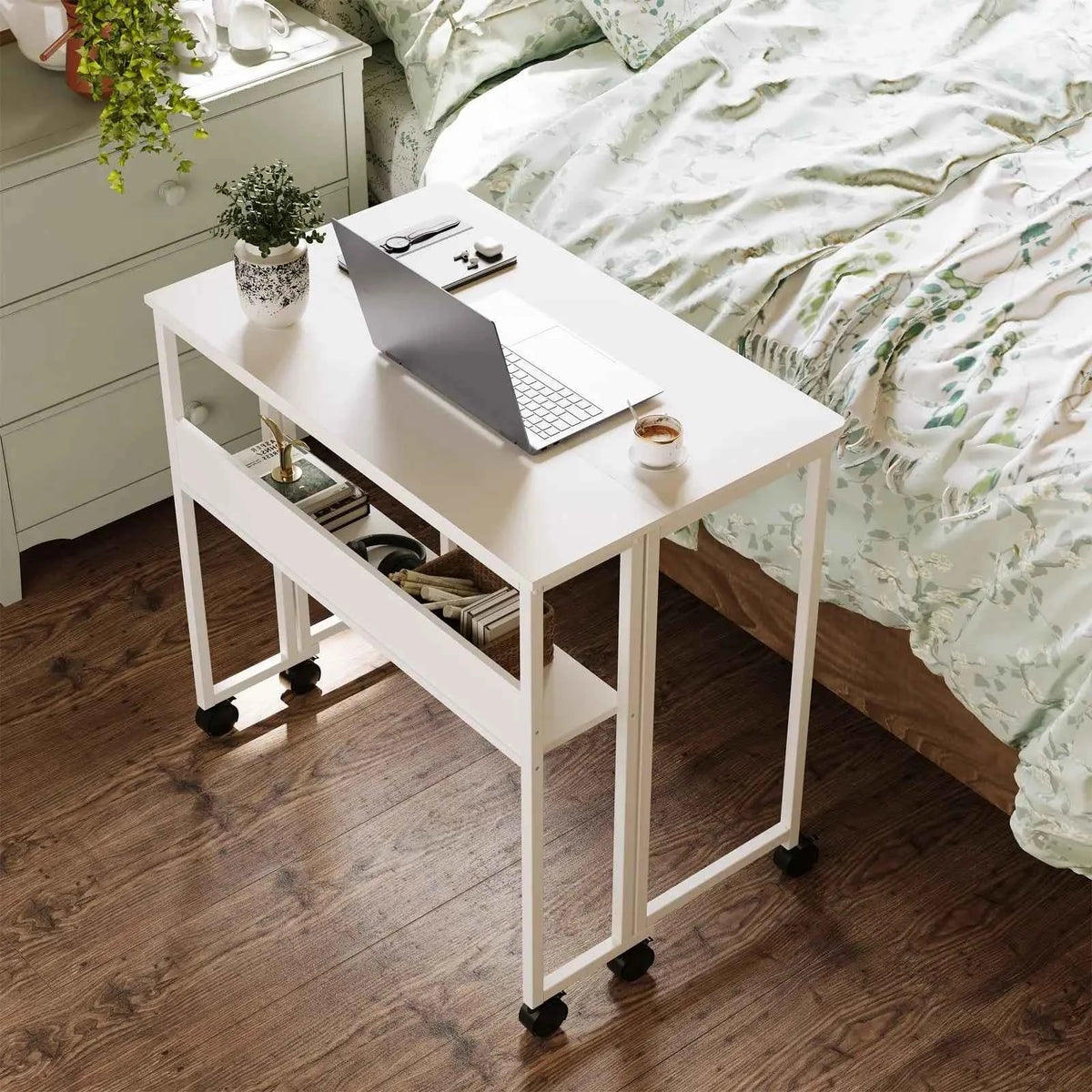 Folding Desk with Storage Shelf on Wheels. Space Saving Computer Desk, Easy Assembly, for Home, Office, & Small Space