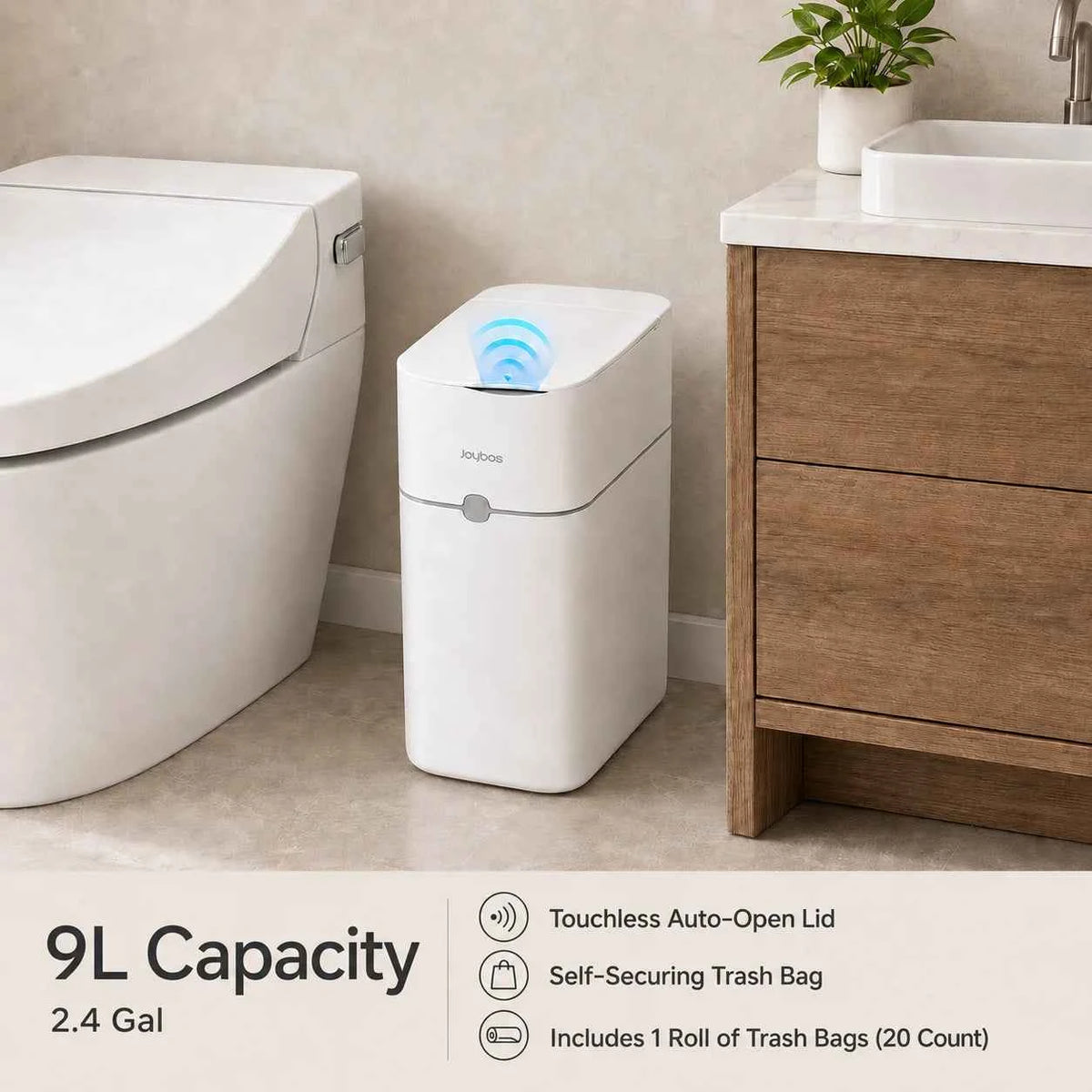 JOYBOS Touchless Trash Can with Motion Sensor & Auto Bag-Suction System, Hands-Free Operation Suitable for Small Spaces, Compact Waste Bin with Press-to-Open Lid, ABS/Polypropylene Garbage Pail, RV, Narrow Corners, RV Essenti