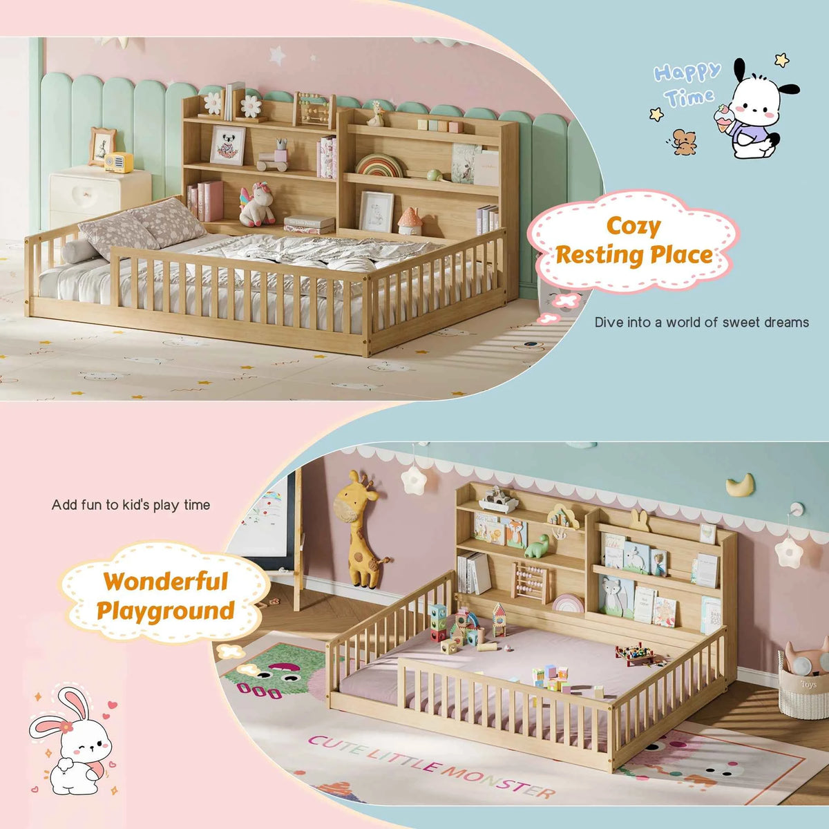Full Size Floor Bed with Bookshelf & Safety Rails, Solid Pine Wood  Bed Frame, Low-to-Ground  for Kids or Toddler Bed with Wide Entrance, Natural