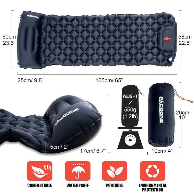 PACOONE Outdoor Sleeping Pad, Camping Inflatable Mattress,  Built-in Pump. Ultralight Air Cushion Travel Mat With Headrest For Travel