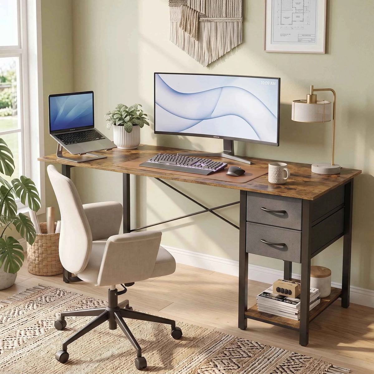 MCQ 47 Inch Standing Office Computer Desk with Drawers and Side Hook. Ergonomic. With Storage, X‑Frame Stability For Home, Office, Small Space