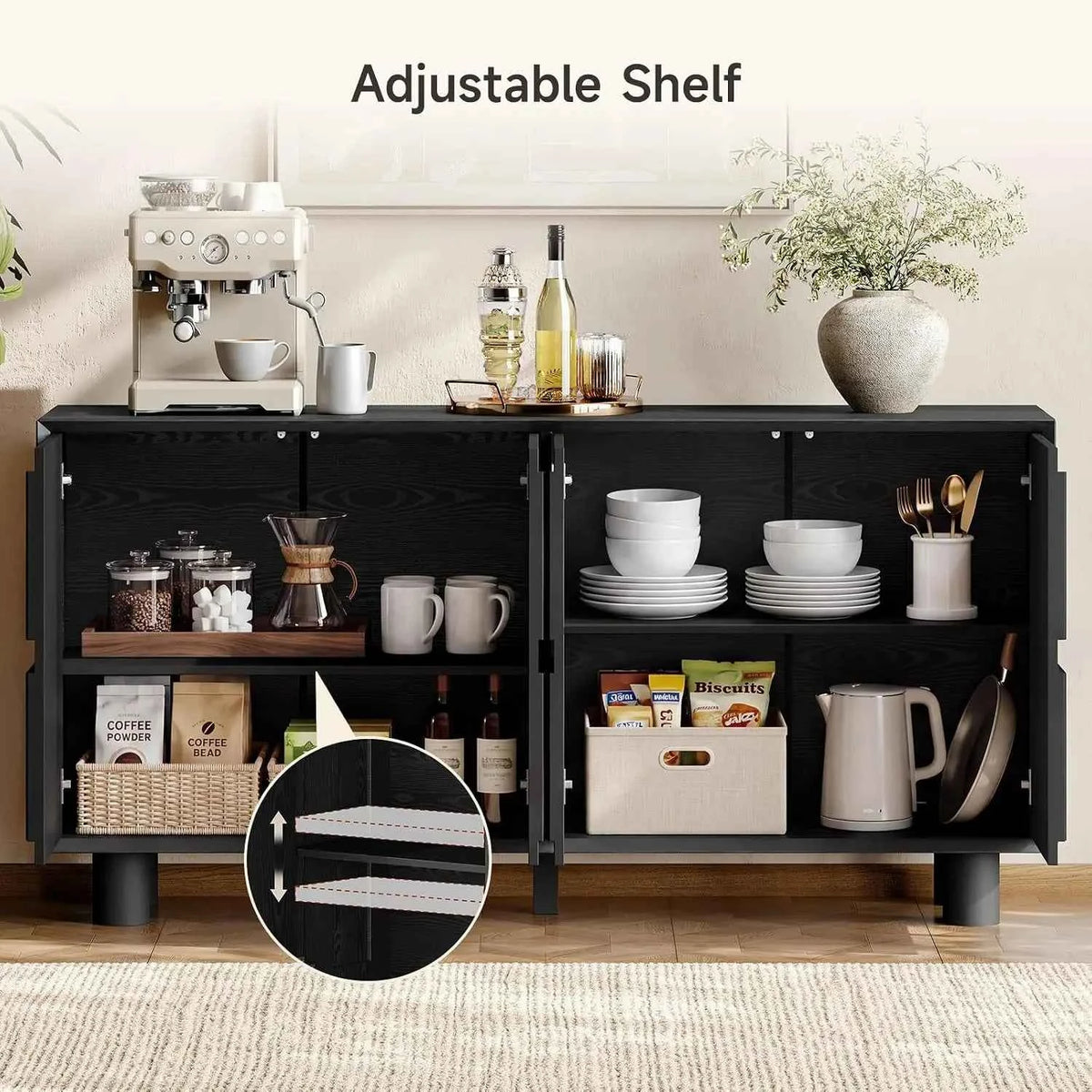 ONBRILL 63 Inch (160cm) Modern Fluted Buffet Cabinet - Storage Sideboard w/Push-Spring Doors, Entryway Dresser, Black