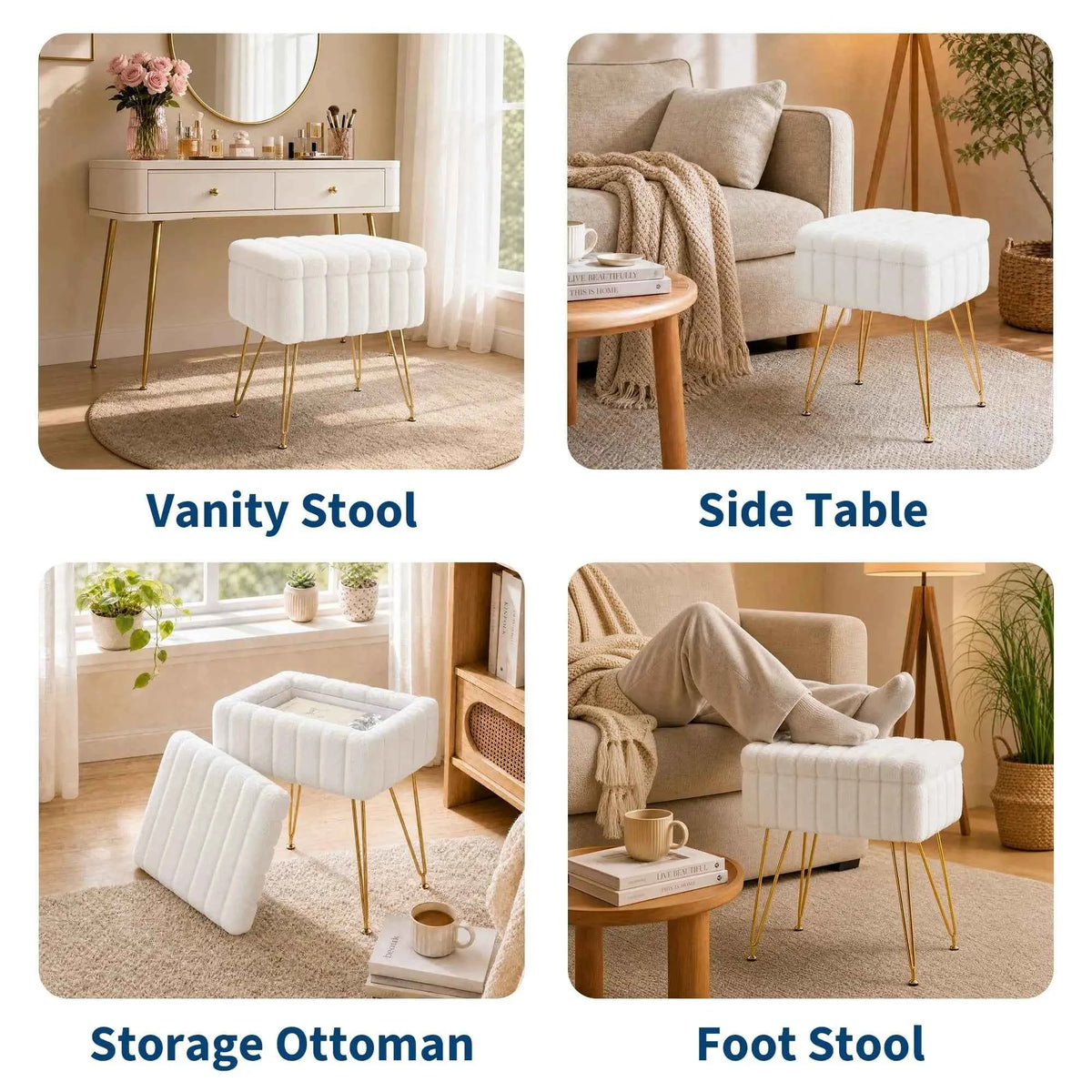 Vanity Stool With Storage, Faux Fur Ottoman With Gold Metal Legs, Soft Padded Makeup Seat Foot, Rest For Bedroom, Living Room