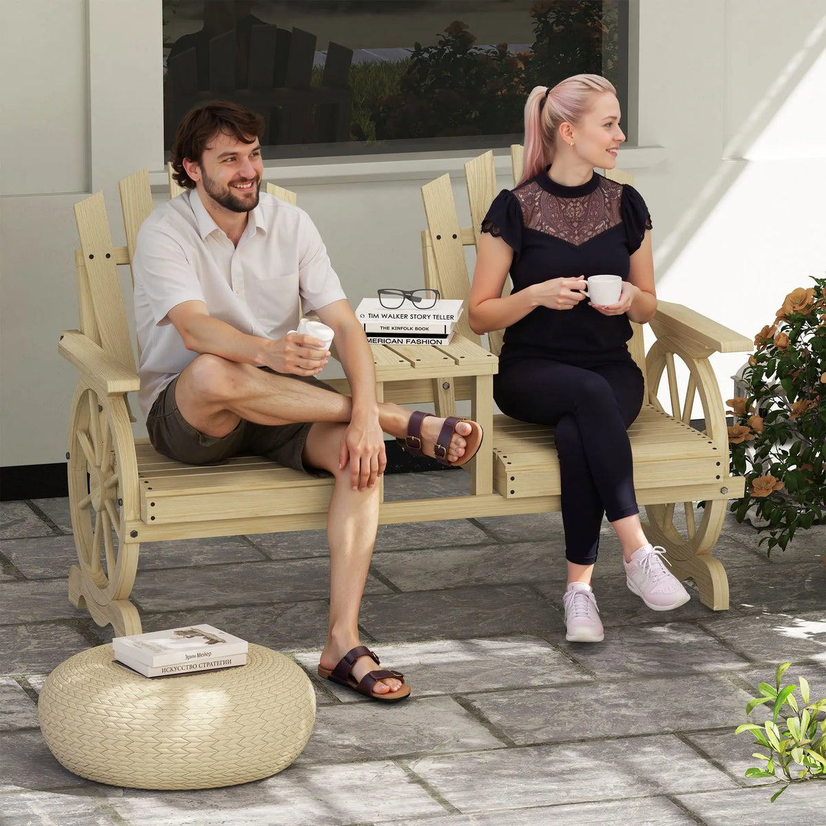 2-Seat Wooden Garden Bench with Table, Umbrella Hole, High Backrest, Armrests for Backyard, Patio, Garden, Natural Wood