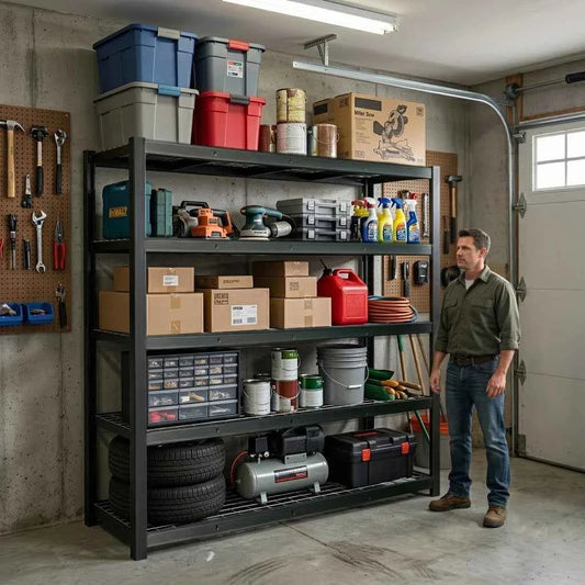 5 Tier Wide Mesh Steel Storage Shelf Heavy Duty Garage Organizer Rack,  Adjustable Height Metal Shelving