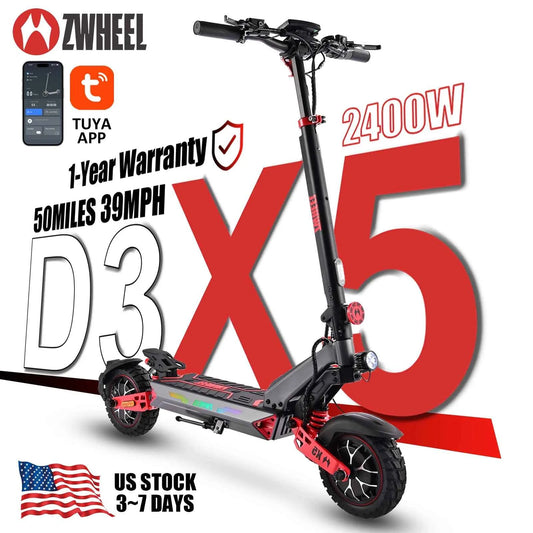 ZWHEEL D3 Dual Motors Electric Scooter, 2400W All-wheel Drive, Max Speed 39 MPH, Max Range 50 Miles, 960Wh Battery, 1000 Cycles. Bluetooth Locking and Unlocking Anti-theft Protection, TUYA Smart APP. 10'' Off-Road Tires, Low