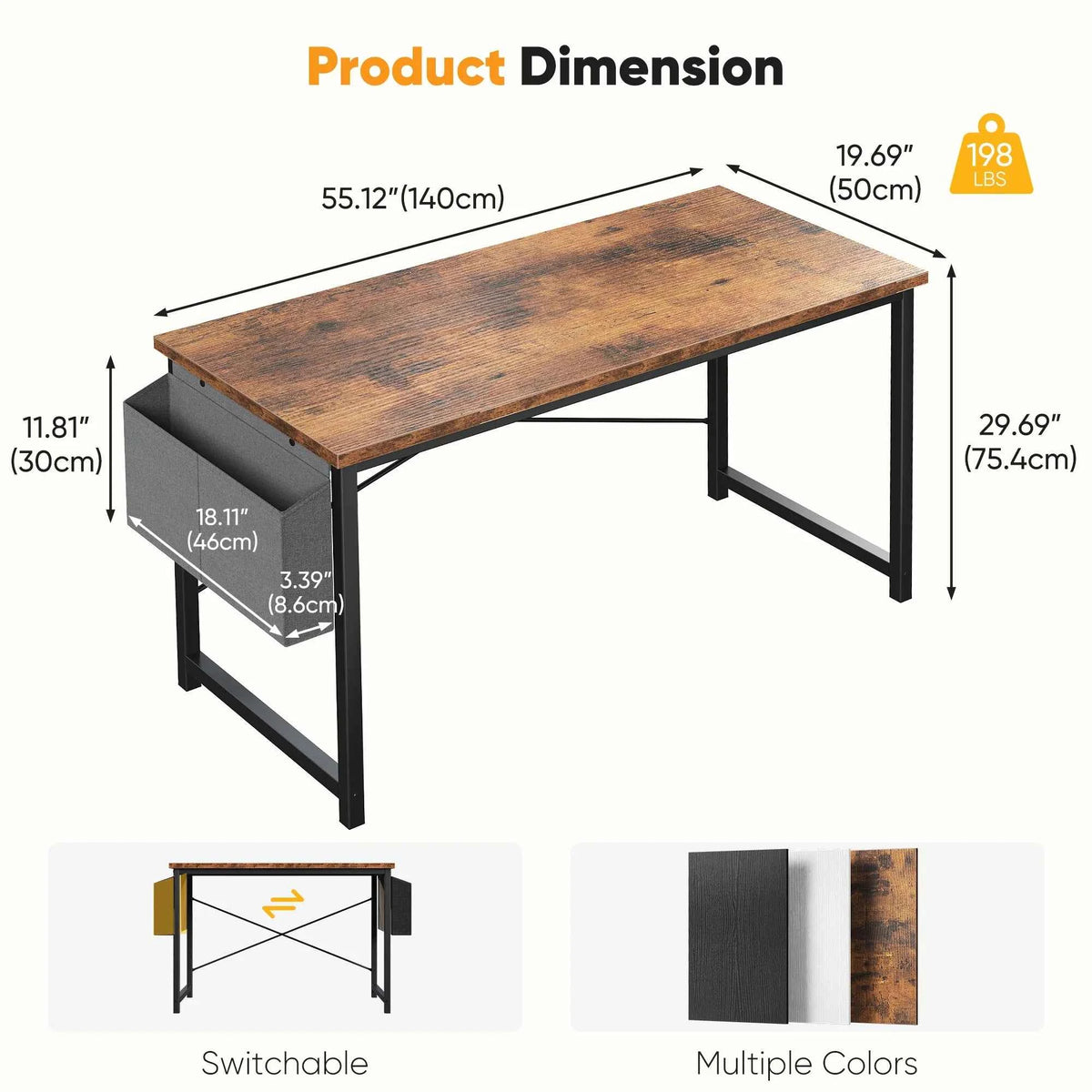 JHK 31IN to 55 Office Desk with Storage Bag. Metal Frame, Wood Tabletop, Easy Assembly