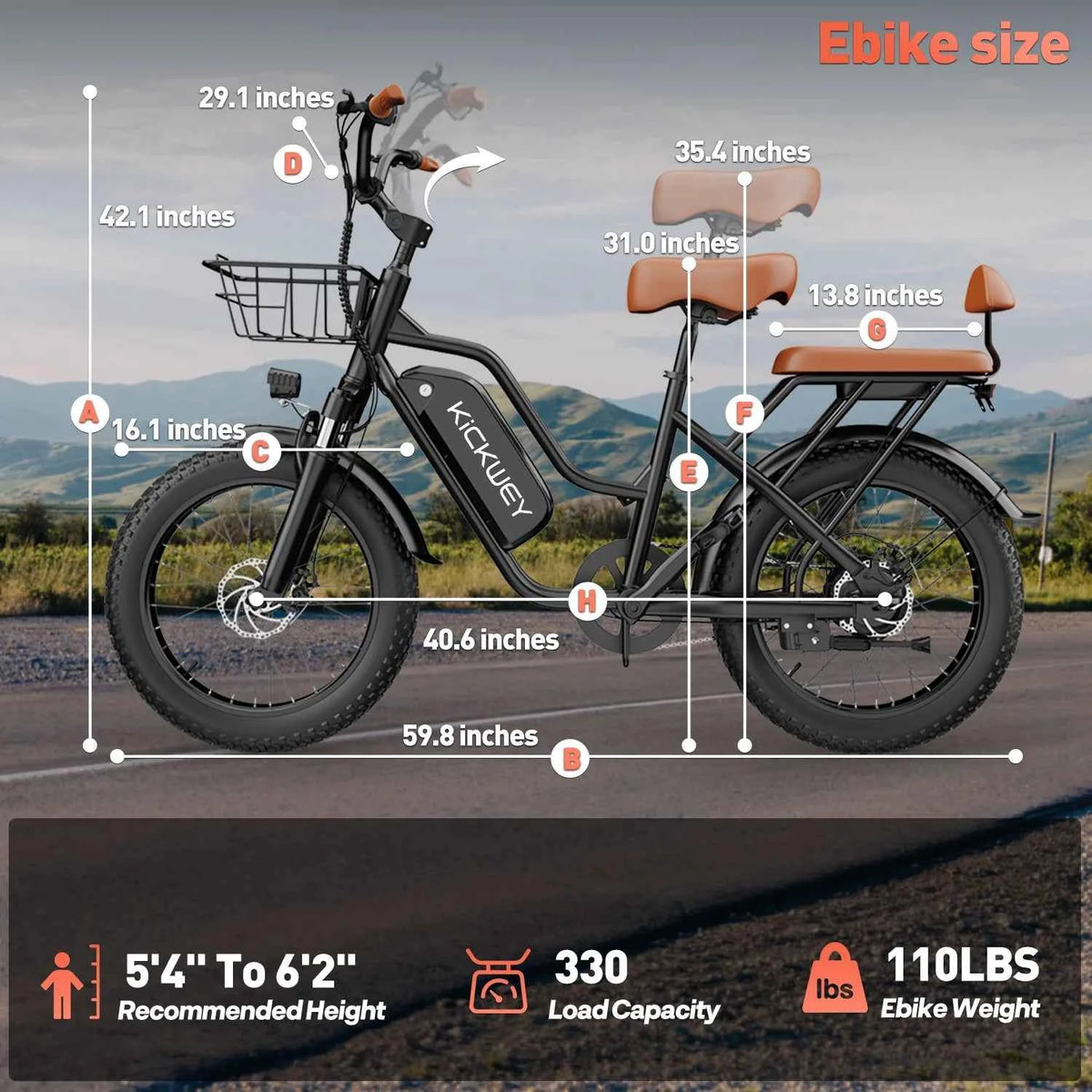 KICKWEY LD20 Electric Bicycle, 1500W, 48V, 20AH, 250W Electric Road Bike. Double Seat for Adults And Kids. 20x3.0 Fat Tire,  E-Bike for Adults