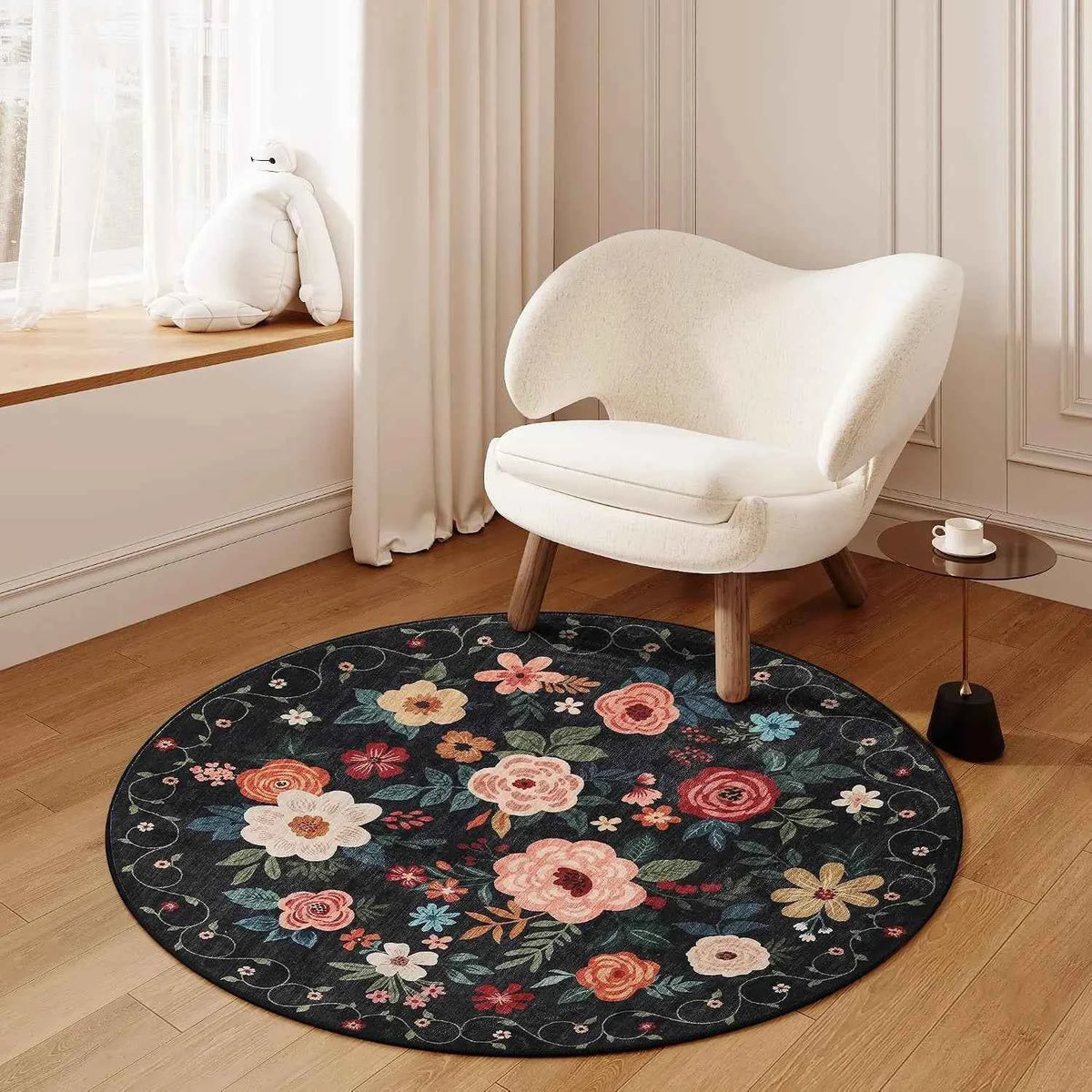 Round Floral Area Rug, Washable, Non Slip, Black, Small, & Round Carpet. For Living Room Bedroom Kitchen Entryway Home Decor
