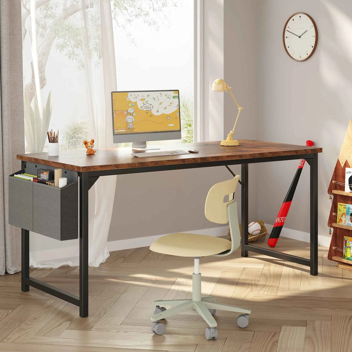 JHK 31IN to 55 Office Desk with Storage Bag. Metal Frame, Wood Tabletop, Easy Assembly