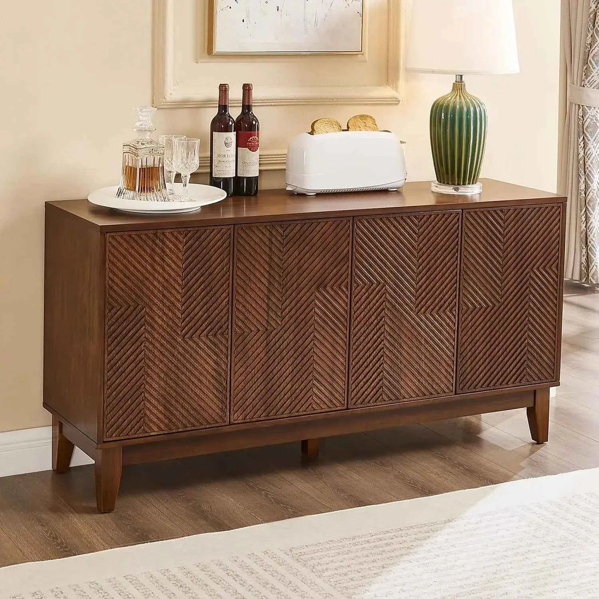 56" Mid Century Modern TV Stand, Wood Storage Cabinet, Carved Geometric Doors & 4 Door Media Console, Custom