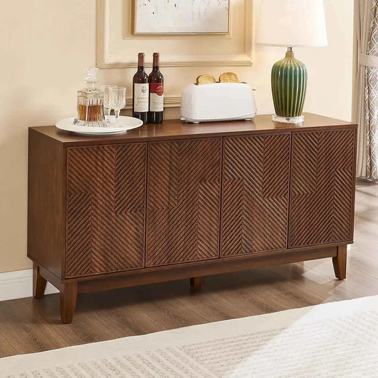 56" Mid Century Modern TV Stand, Wood Storage Cabinet, Carved Geometric Doors & 4 Door Media Console, Custom