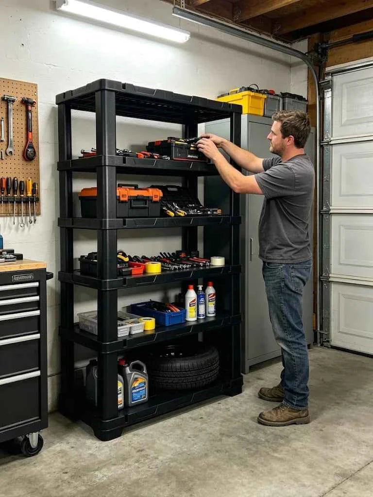 4 & 5 Tier Plastic Storage Shelving Unit, Heavy Duty Black PP Utility Rack, 3 Sizes Available Waterproof Organizer.