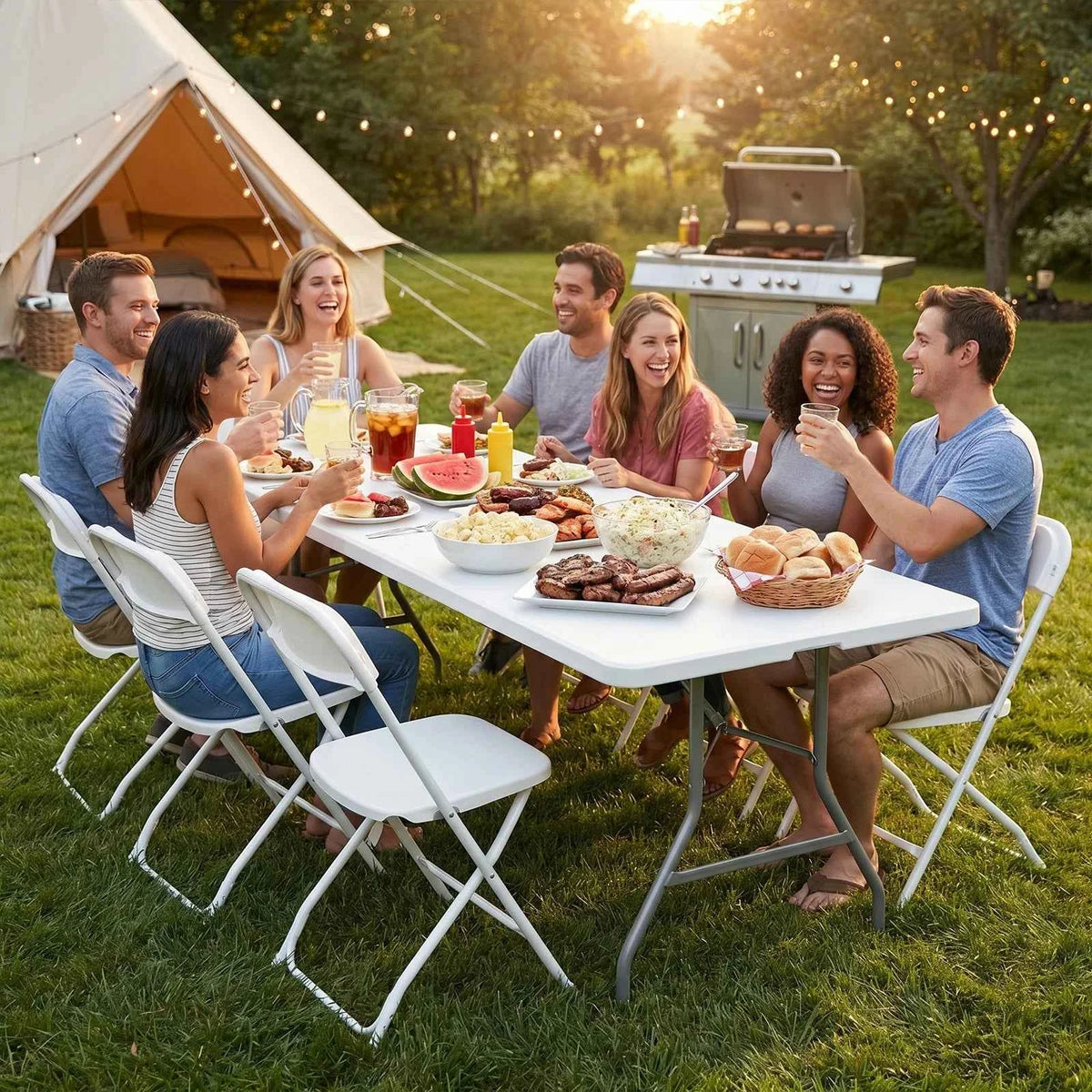 JHK 4/6/8 FT Portable Folding Outdoor Indoor Table. Heavy Duty Foldable Table with Carrying Handle. Safety Lock For Camping, Picnic, Dining