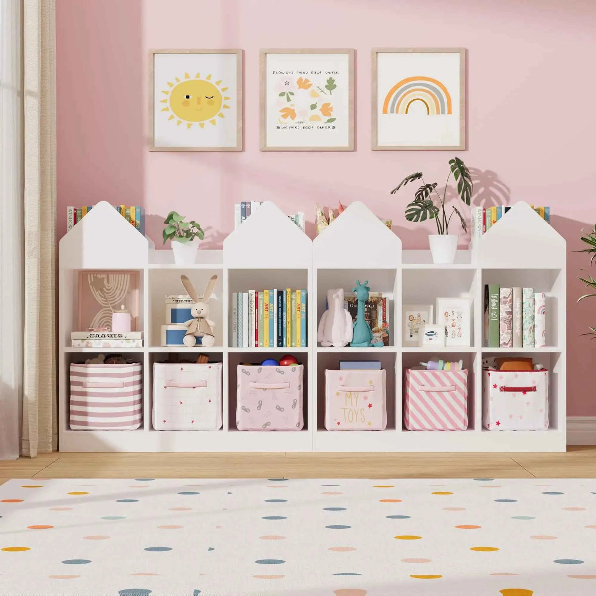 Kids Bookshelf And Toy Storage Organizer With 4 Book Racks, 6 Open Cubbies, Castle Design.