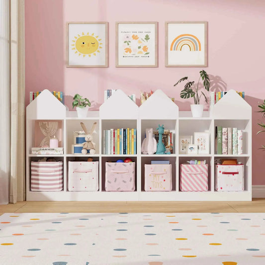 Kids Bookshelf And Toy Storage Organizer With 4 Book Racks, 6 Open Cubbies, Castle Design.