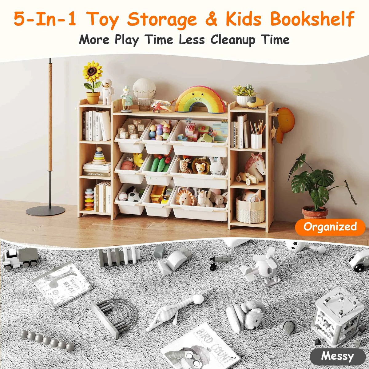 White Bookshelf and Toy Storage Organizer with 6 Shelves, 9 Bins, & 6 Hooks,