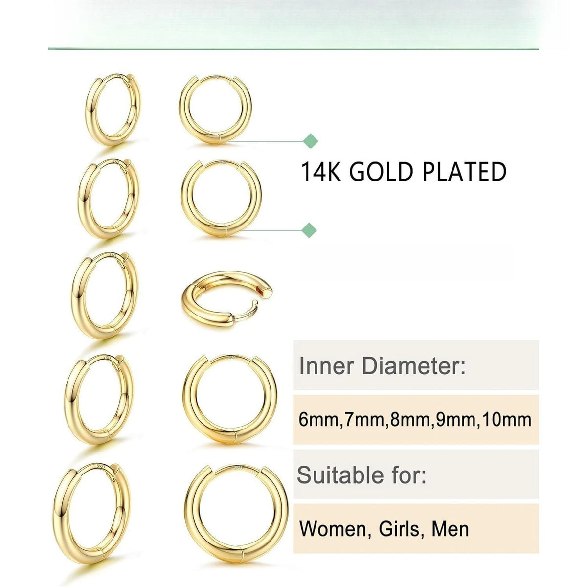 5Pairs Small Hoop Earrings Set for Women, 14K Gold Plated Lightweight Tiny Huggie Hoops, Mini Cartilage Earrings Pack. Hypoallergenic Ear Piercing, Earring Stacking Set