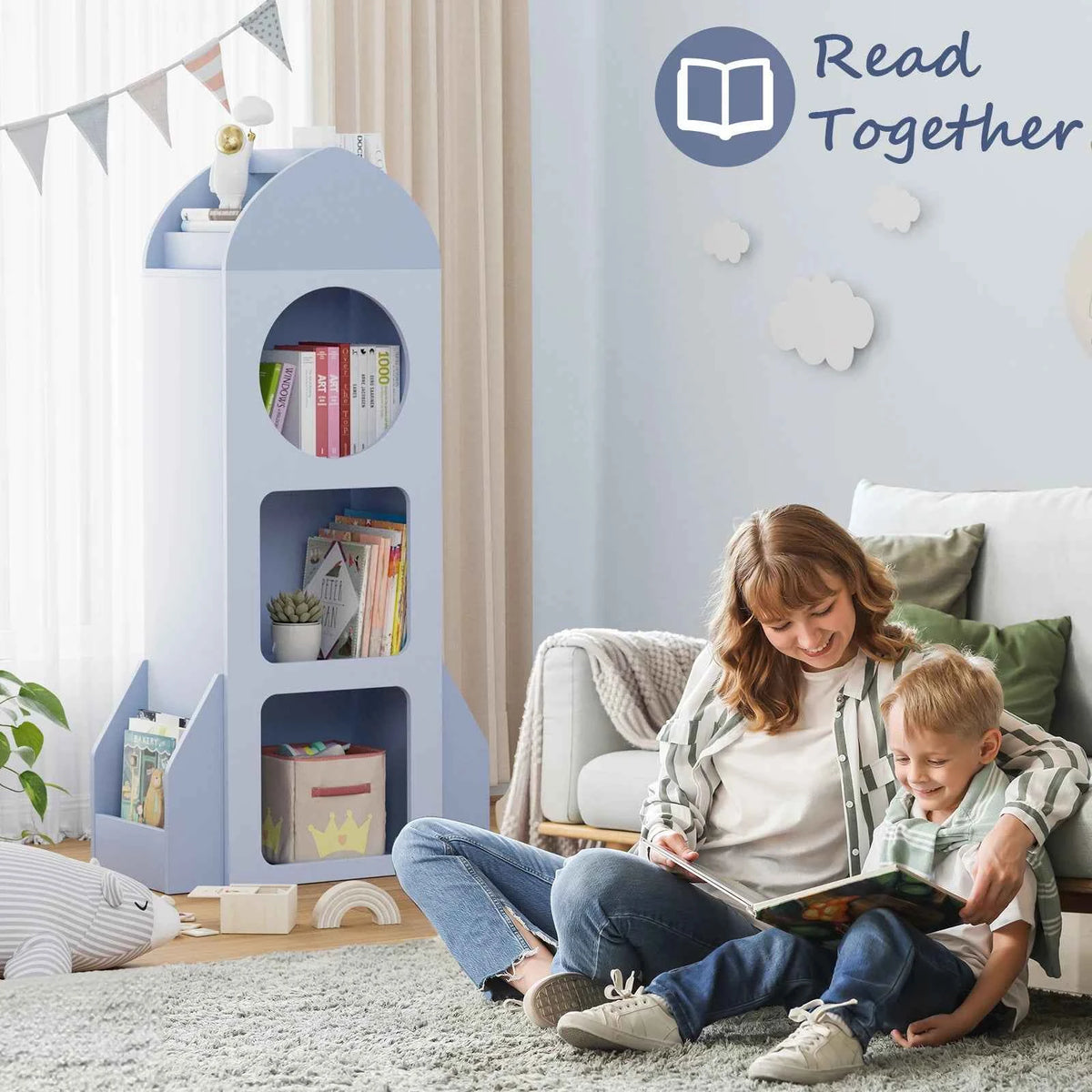 Kids Bookshelf & Toy Storage, 3-Tier Rocket Baby Book Shelf with Side shelves, Wood Open Toddler Bookcase, Spacious Display Organizer